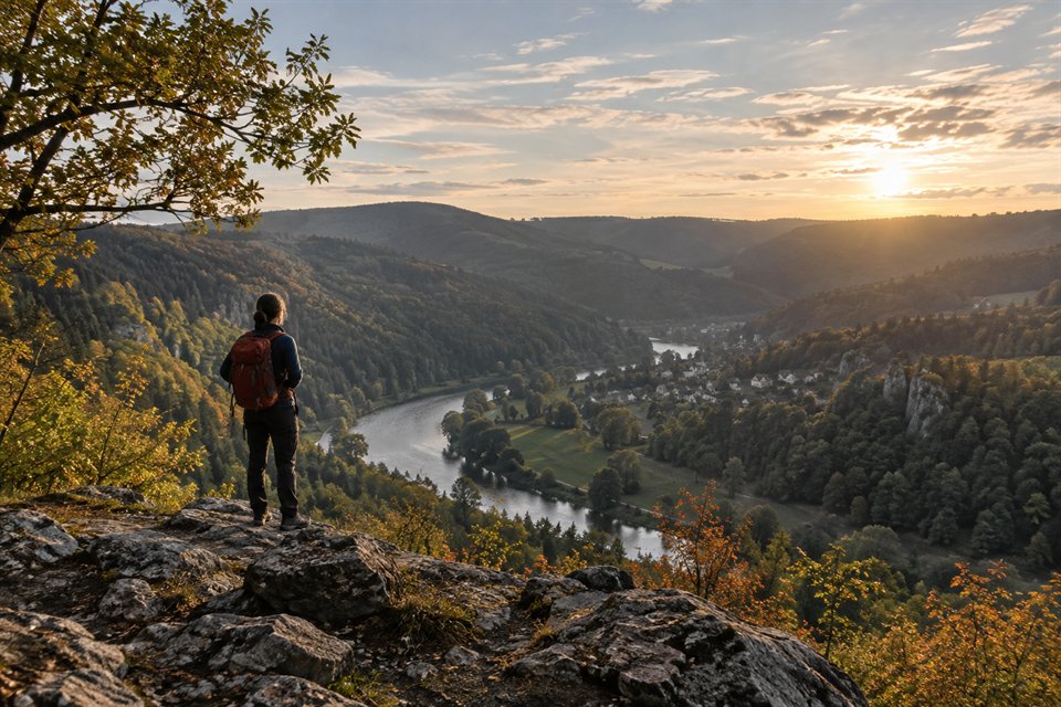 Wandernder Mensch an einem bewaldeten Aussichtspunkt