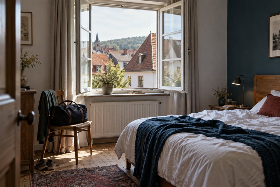 Schlichtes Gästezimmer mit Blick über Dächer