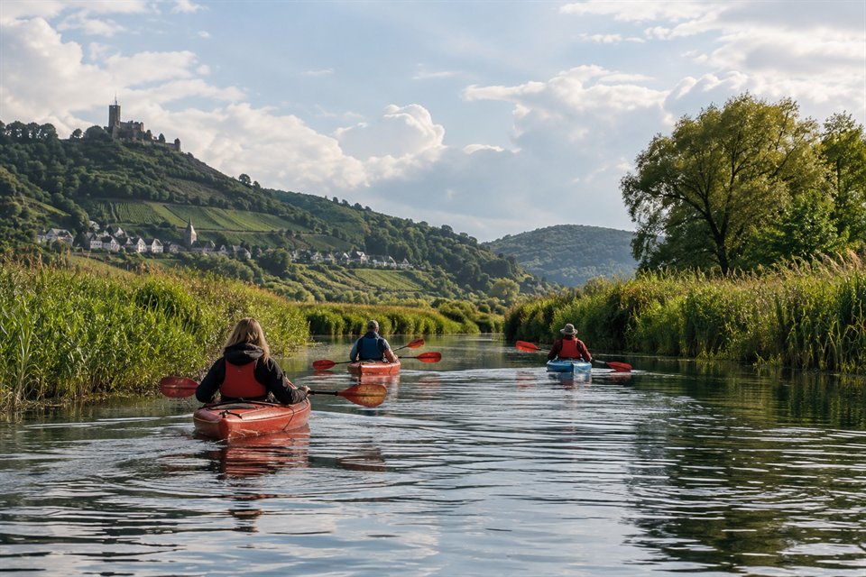 Kajaks auf einem ruhigen Fluss zwischen Schilf