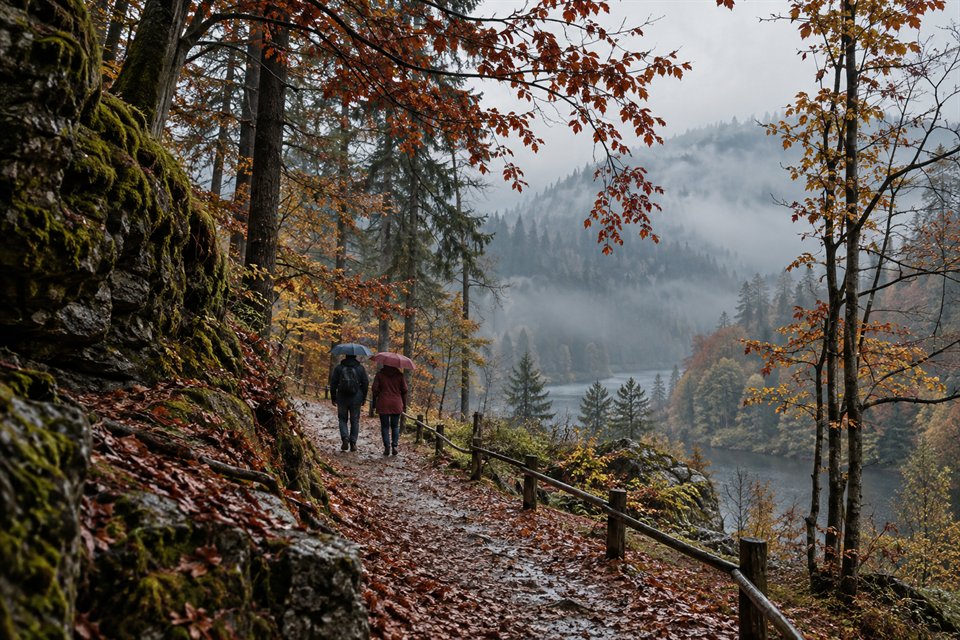 Spaziergang unter Schirmen im herbstlichen Wald