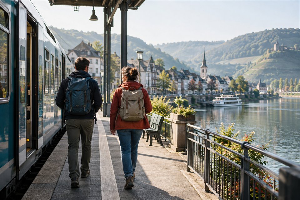 Zwei Reisende steigen an einem Flussort aus einem Regionalzug